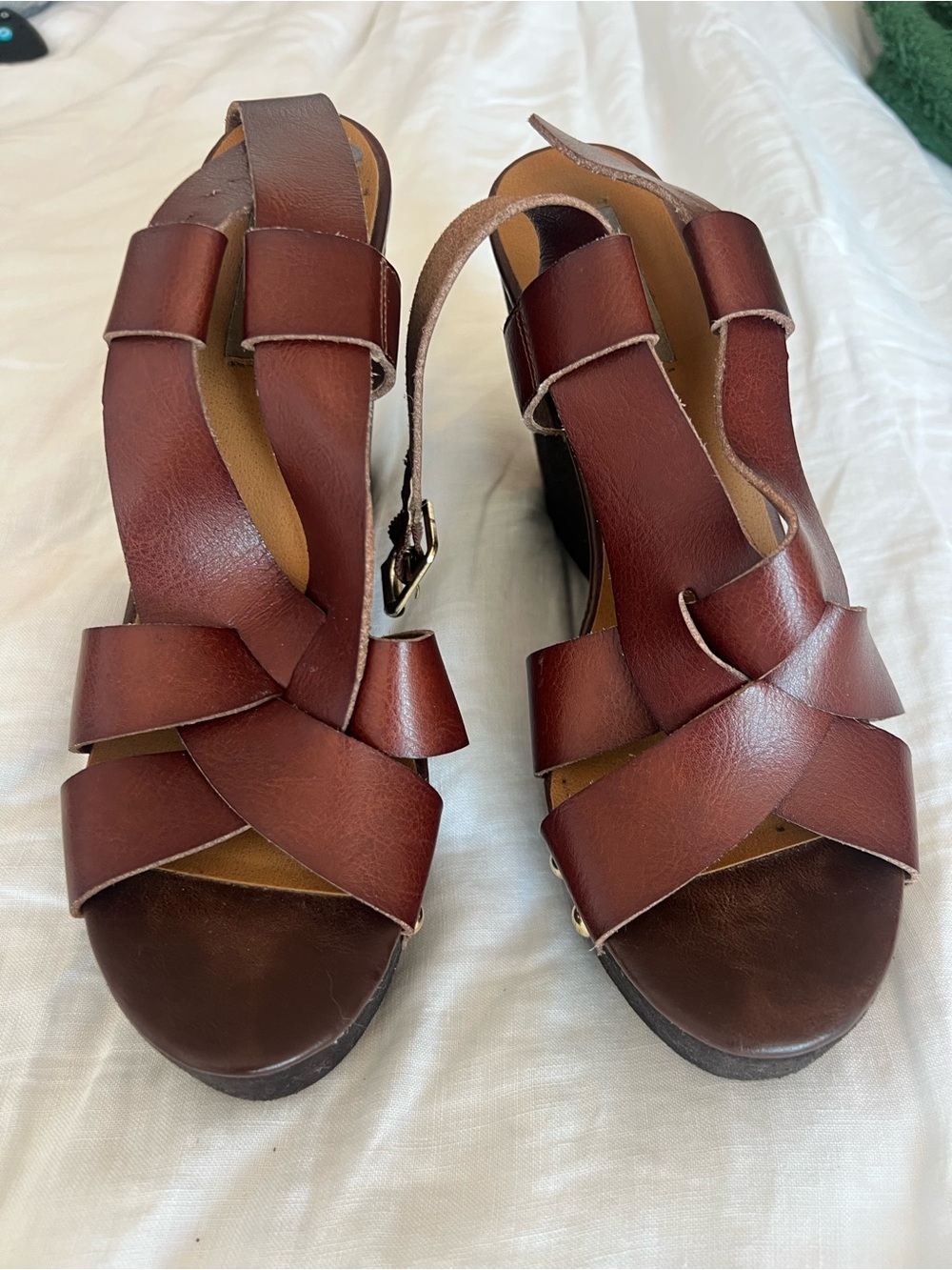 Steve Madden Brown Leather Woven Wedge Sandals - Women